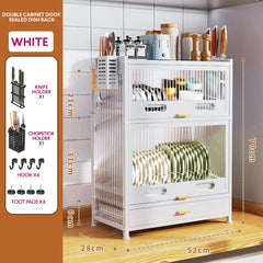 Dish Drainer Rack with Drawer & Lid Cover - Kitchen Countertop Storage Cabinet