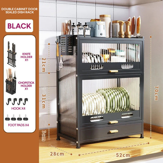 Dish Drainer Rack with Drawer & Lid Cover - Kitchen Countertop Storage Cabinet