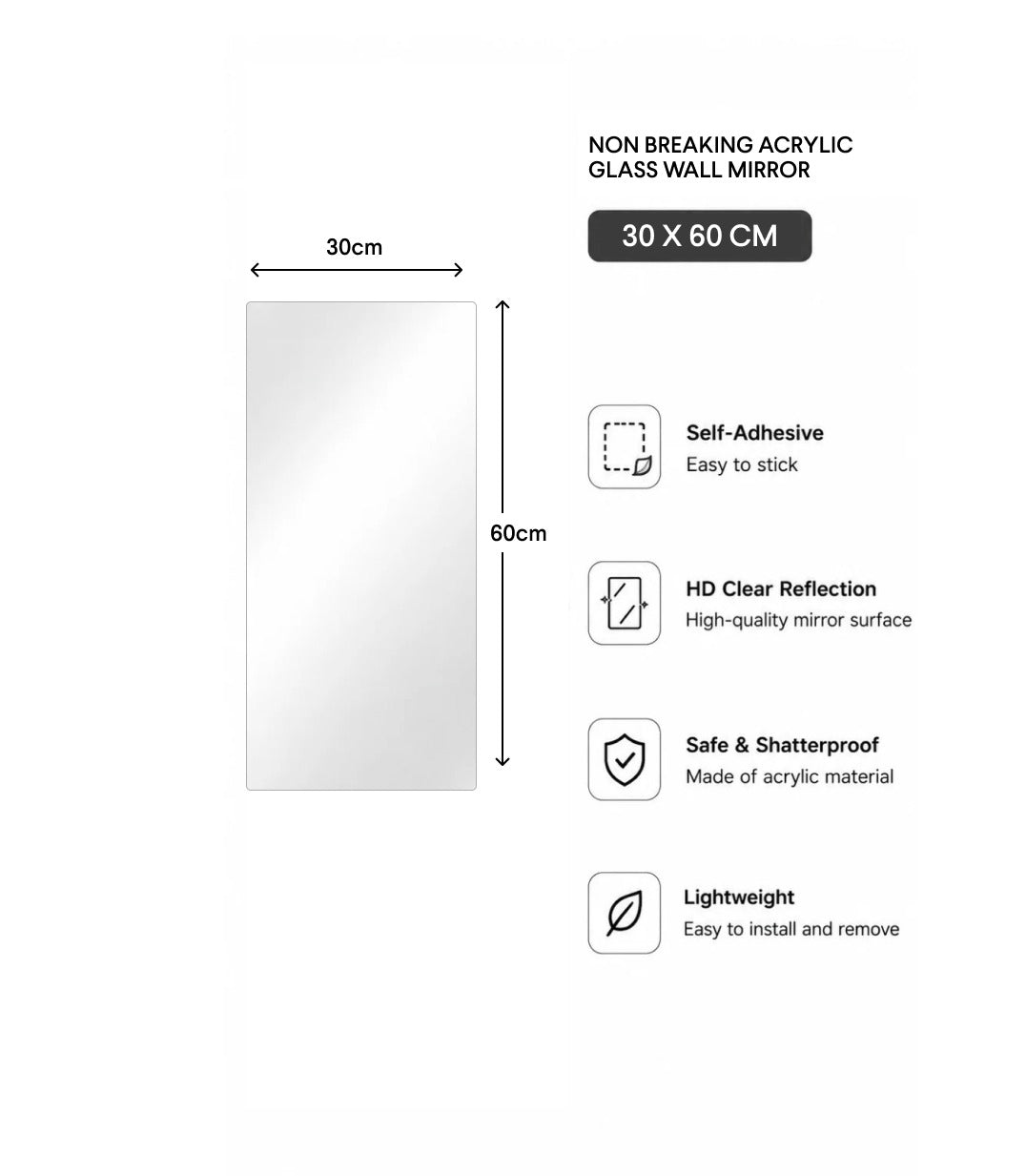 Acrylic Glass Wall Mirror, HD Self Adhesive DIY Mirror 30 x 60 CM