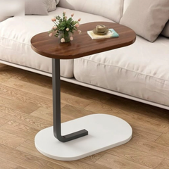 C Shaped Wooden Coffee Side Table for Living Room Dark Wooden + Black + White