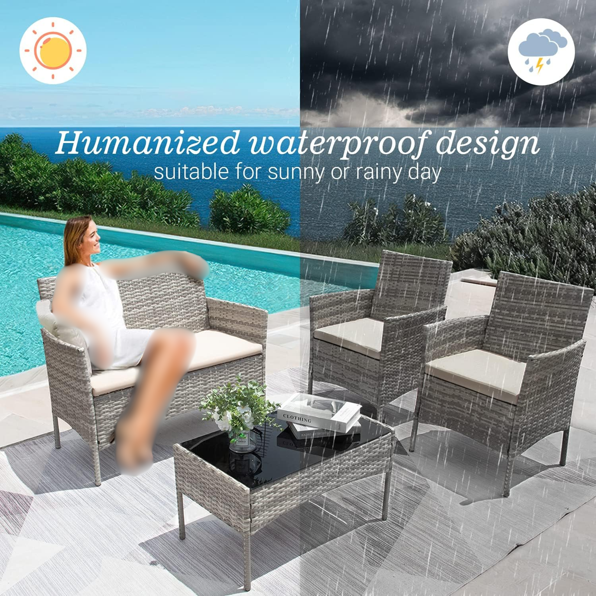 4 Seater Cushion Sofa Chairs with Center Table Outdoor Garden Furniture Set