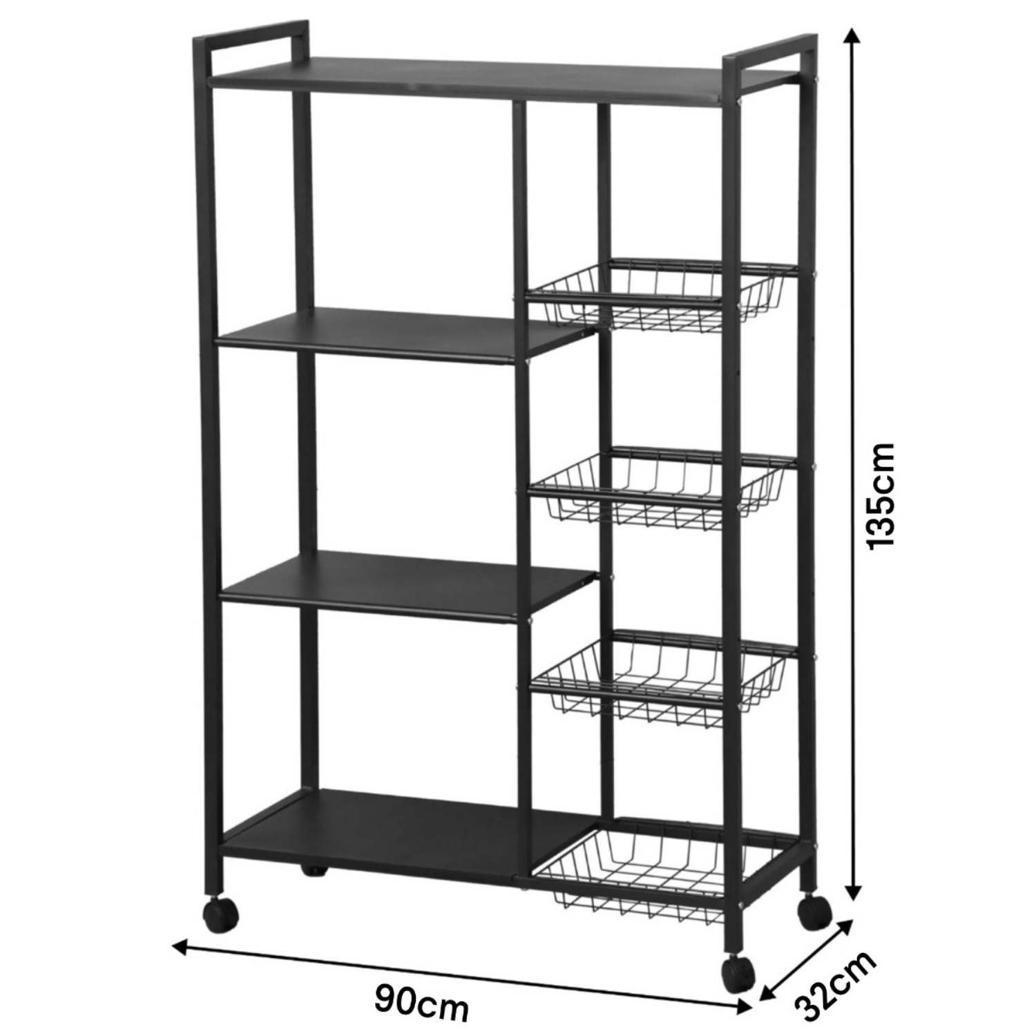 Utility Storage Rack for Kitchen with Mesh Baskets and Wheels 90 x 32 x 135 cm