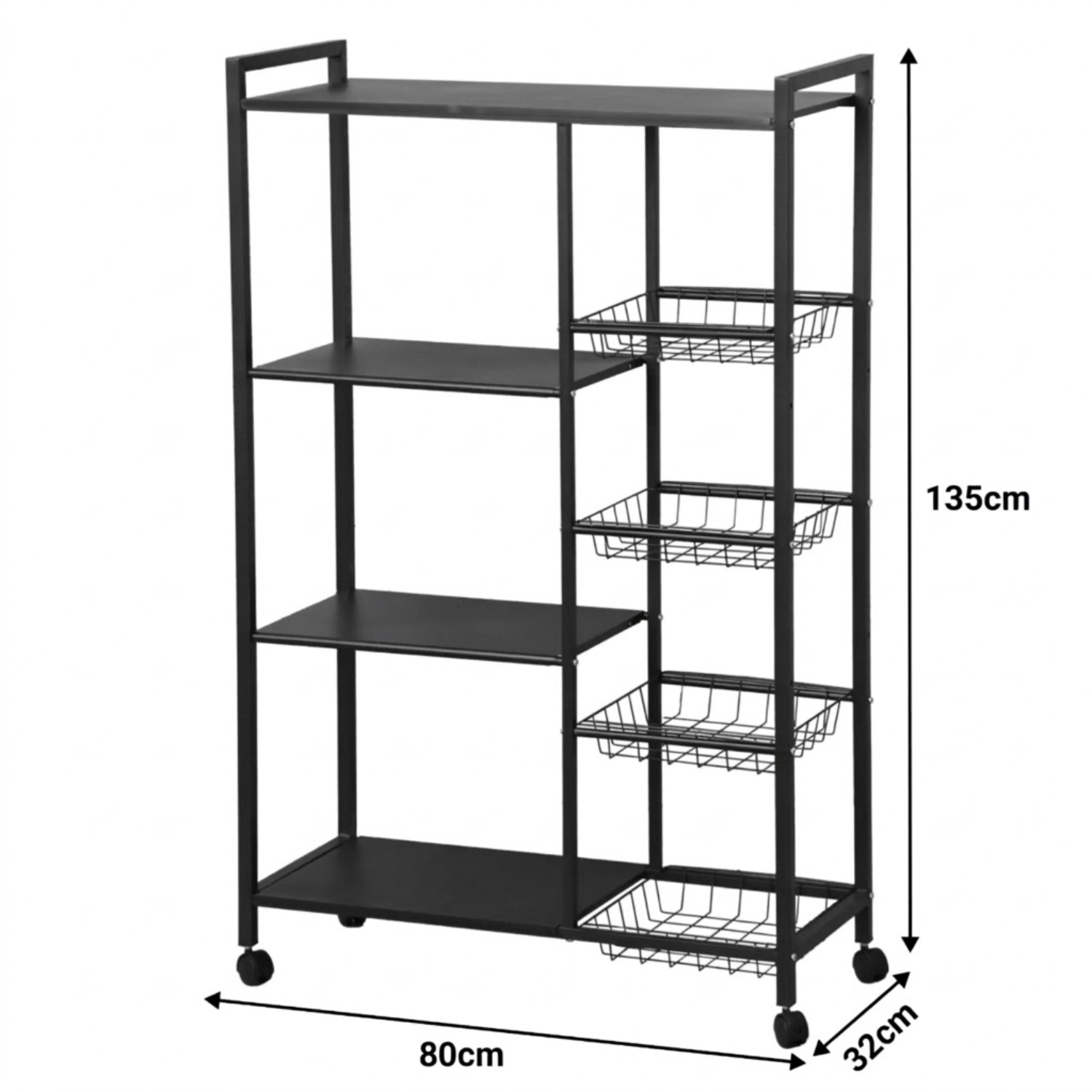 Utility Storage Rack for Kitchen with Mesh Baskets and Wheels 80 x 32 x 135 cm