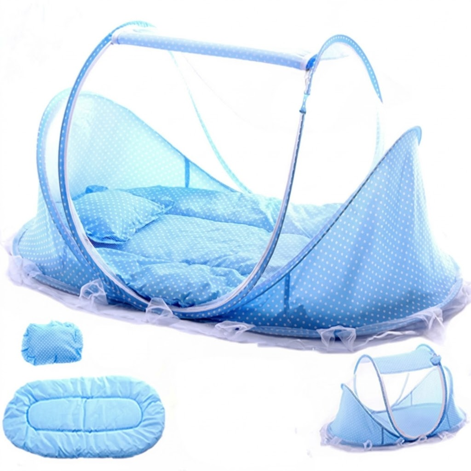 Folding Mosquito Protection Net Newborn Baby Bed Crib with Pillow Blue