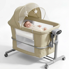 4 IN 1 Multi Functional Bedside Baby Bassinet, Newborn Crib with Breathable Mosquito Net and Mattress Light Khaki