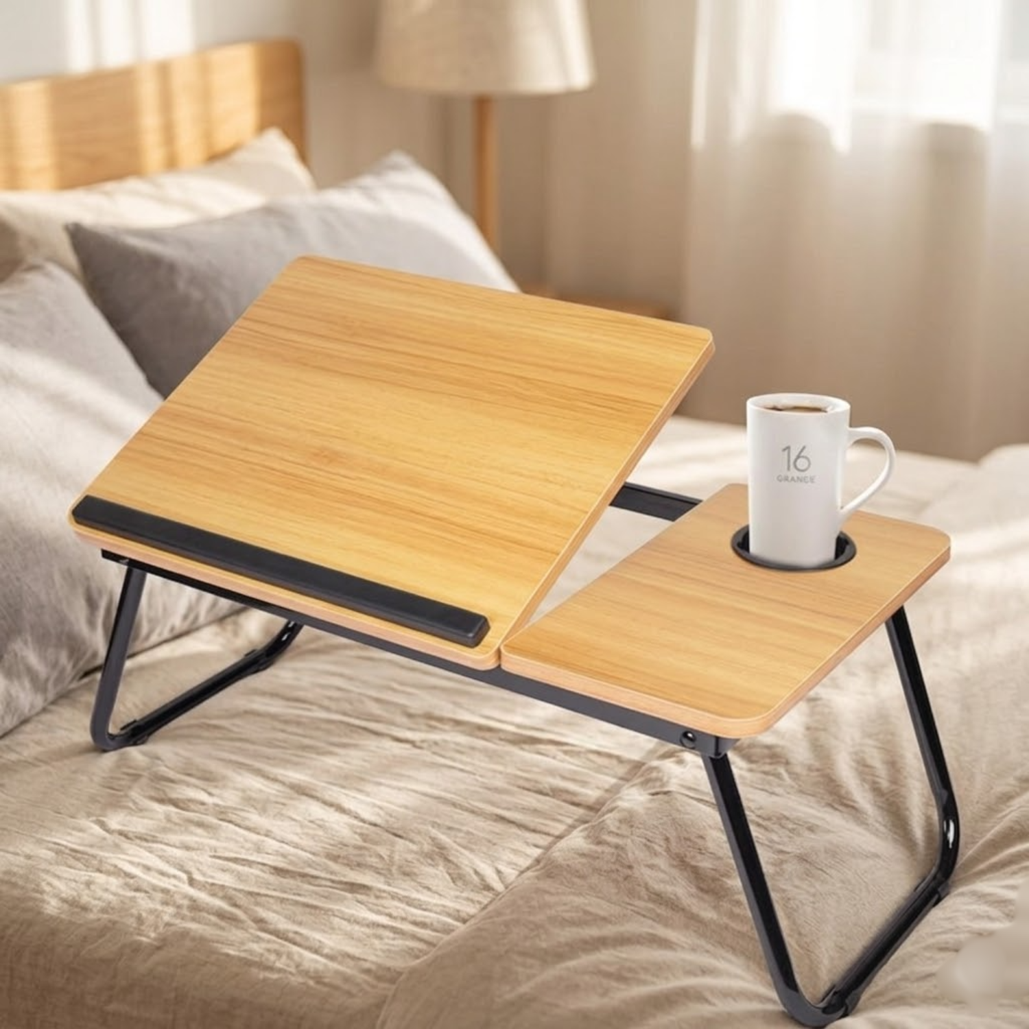 Folding Laptop Table for Bed and Sofa, Adjustable Laptop Desk with Cup Holder, for Work Study Reading Wood