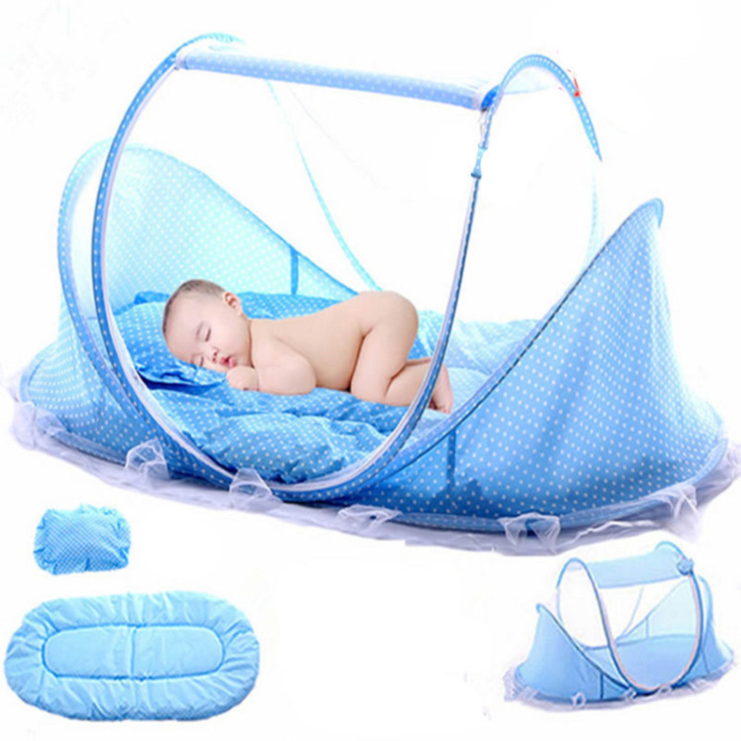 Folding Mosquito Protection Net Newborn Baby Bed Crib with Pillow