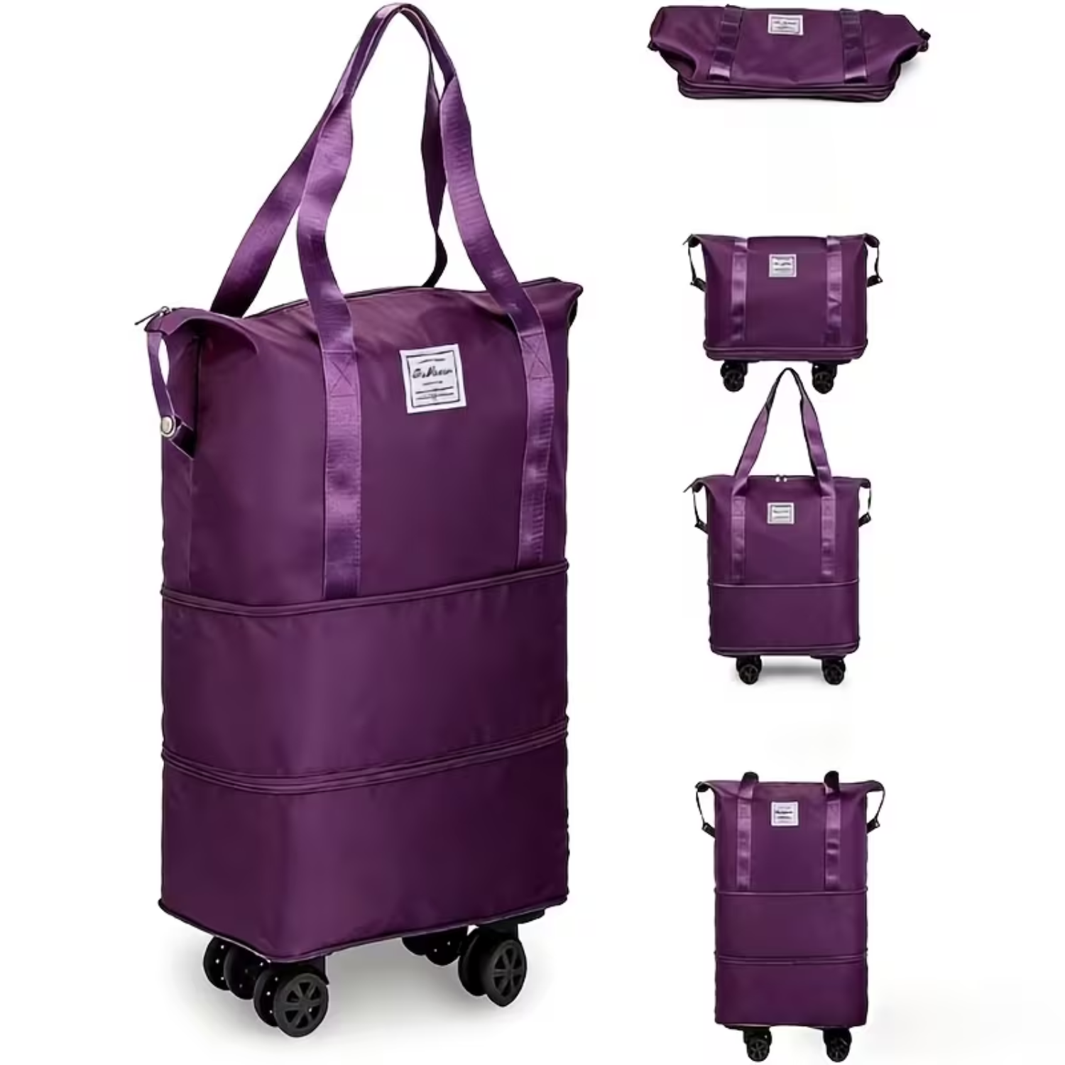 Folding Expandable Large Capacity Travel Duffel Bag with Detachable Wheels Purple