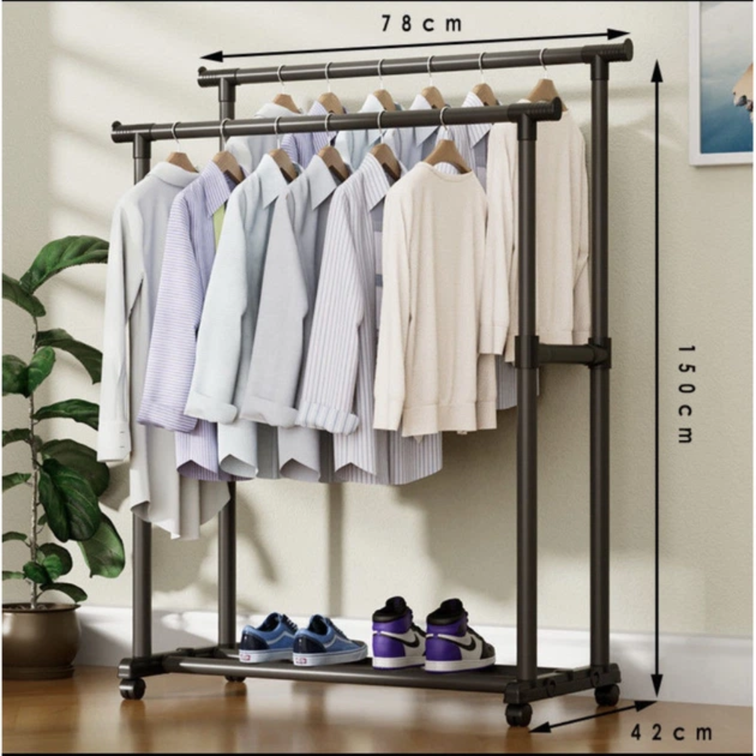Double Rails Telescopic Clothes Hanger, 50Kg Load Capacity Garment Rack with Wheels 78 x 42 x 150 cm