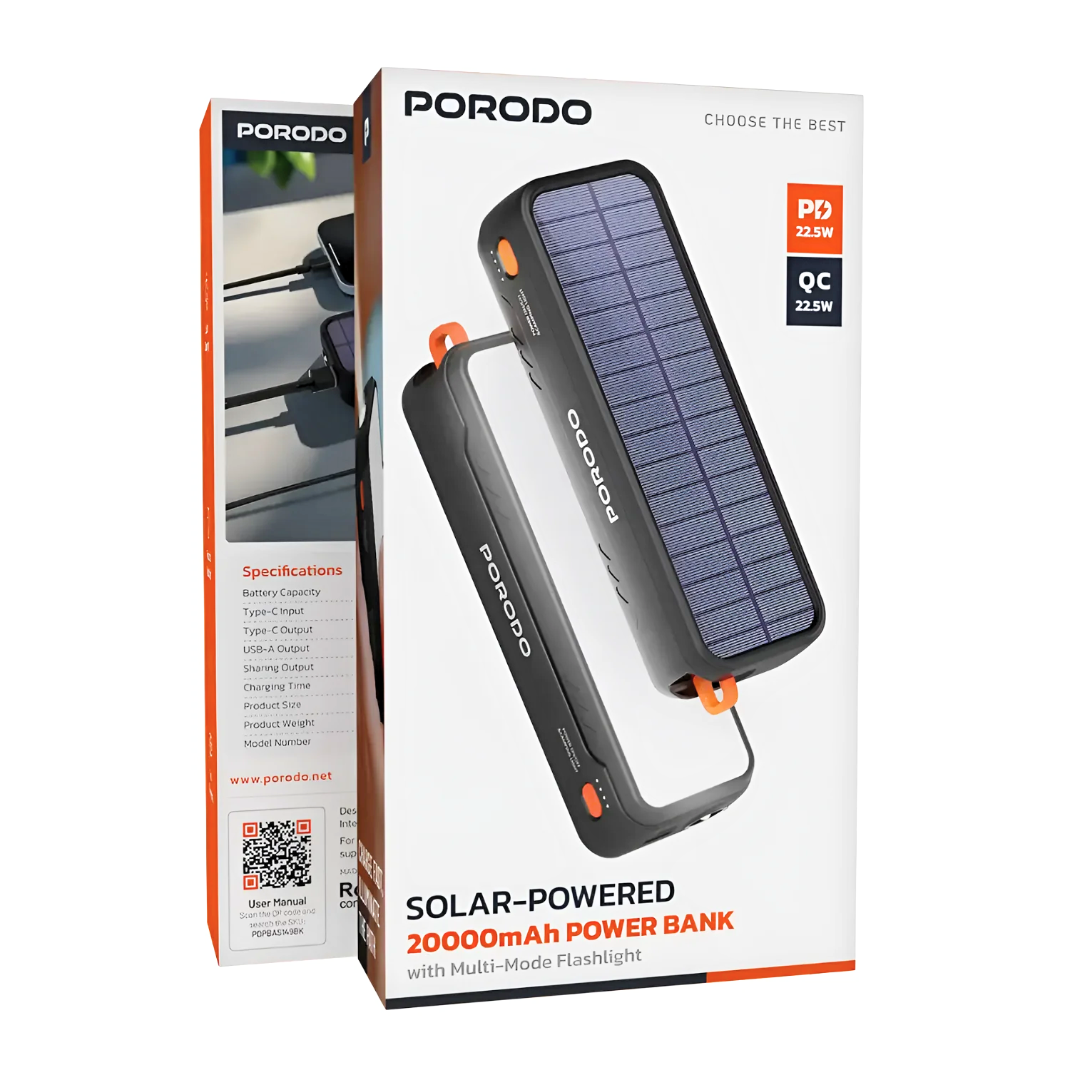 Porodo Solar Powered 20000mAh Power Bank with Multi Mode Flashlight
