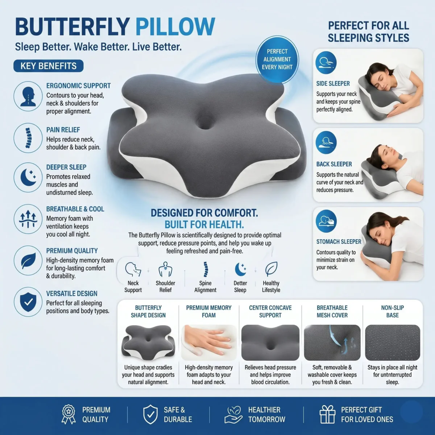 Orthopedic Ergonomic Butterfly Shaped Memory Foam Cervical Pillow for Neck Pain