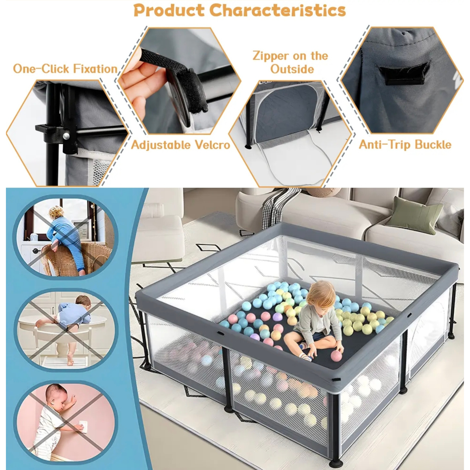 Portable Folding Playpen with Mat and 30 Balls | 120 x 120 x 68 cm