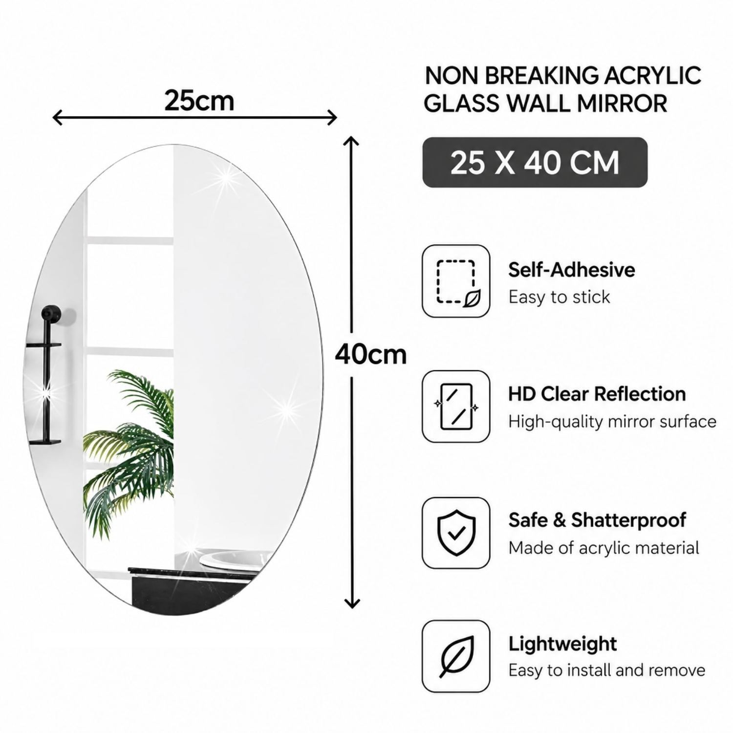 Acrylic Glass Wall Mirror, HD Self Adhesive DIY Mirror 25 X 40 CM (Oval Shape)