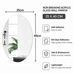 Acrylic Glass Wall Mirror, HD Self Adhesive DIY Mirror 25 X 40 CM (Oval Shape)
