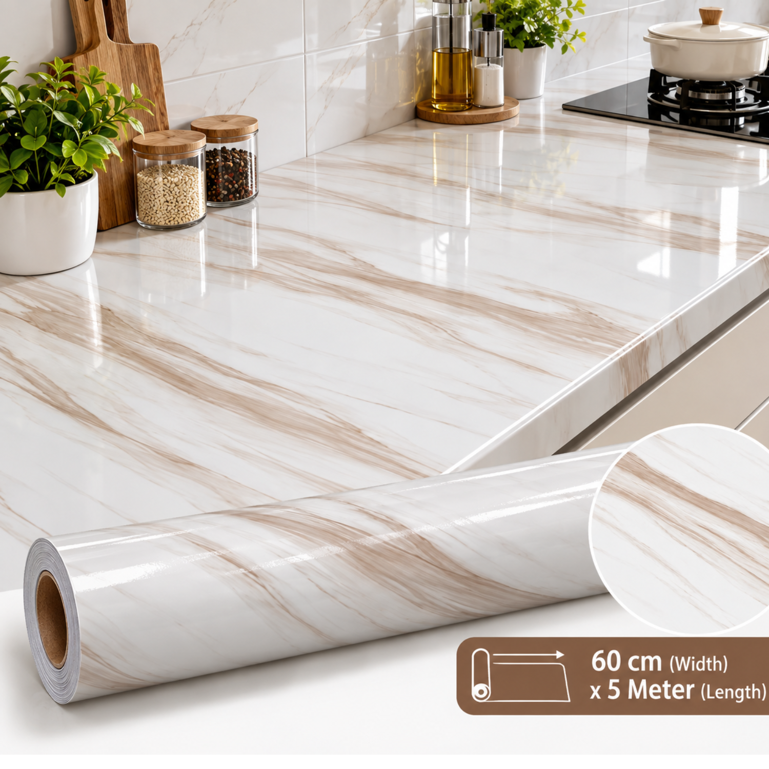 Waterproof Non-slip Self-Adhesive Marble Pattern Kitchen Wallpaper Sticker Brown Marble Stripes