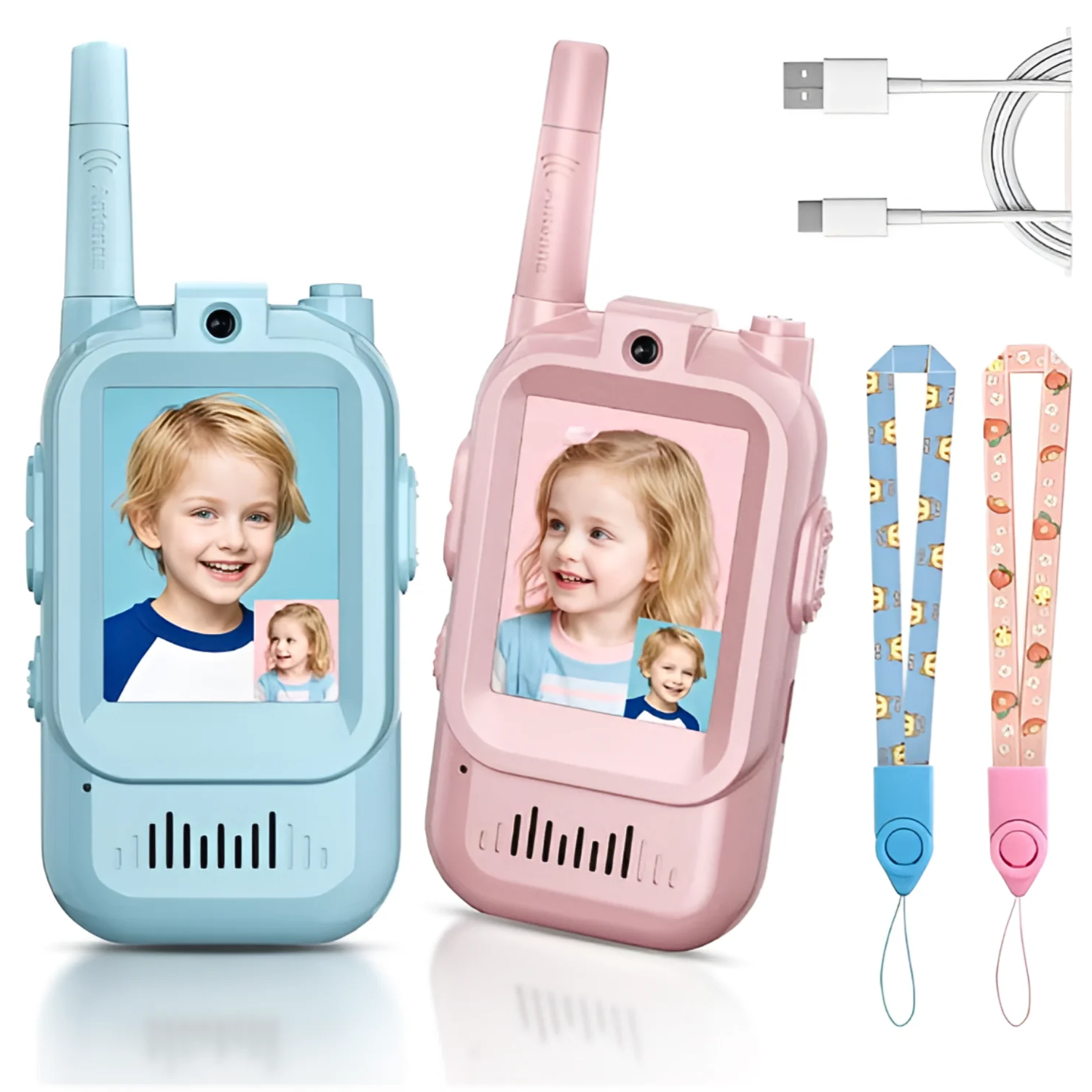 Children's Interactive Video Walkie Talkie, Rechargeable Kids Interactive Set with Camera and Voice Chat Blue + Pink