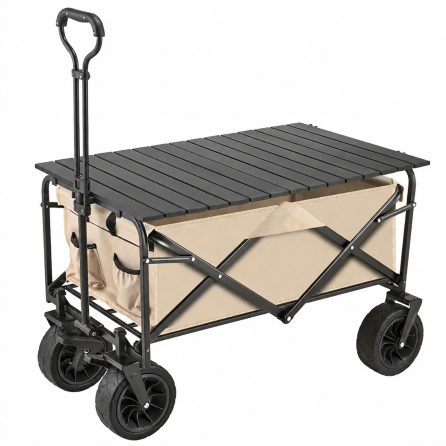 Folding Wagon Trolley Cart with Removable Top Table Board for Outdoor Camping & Picnic Black + Beige + Black
