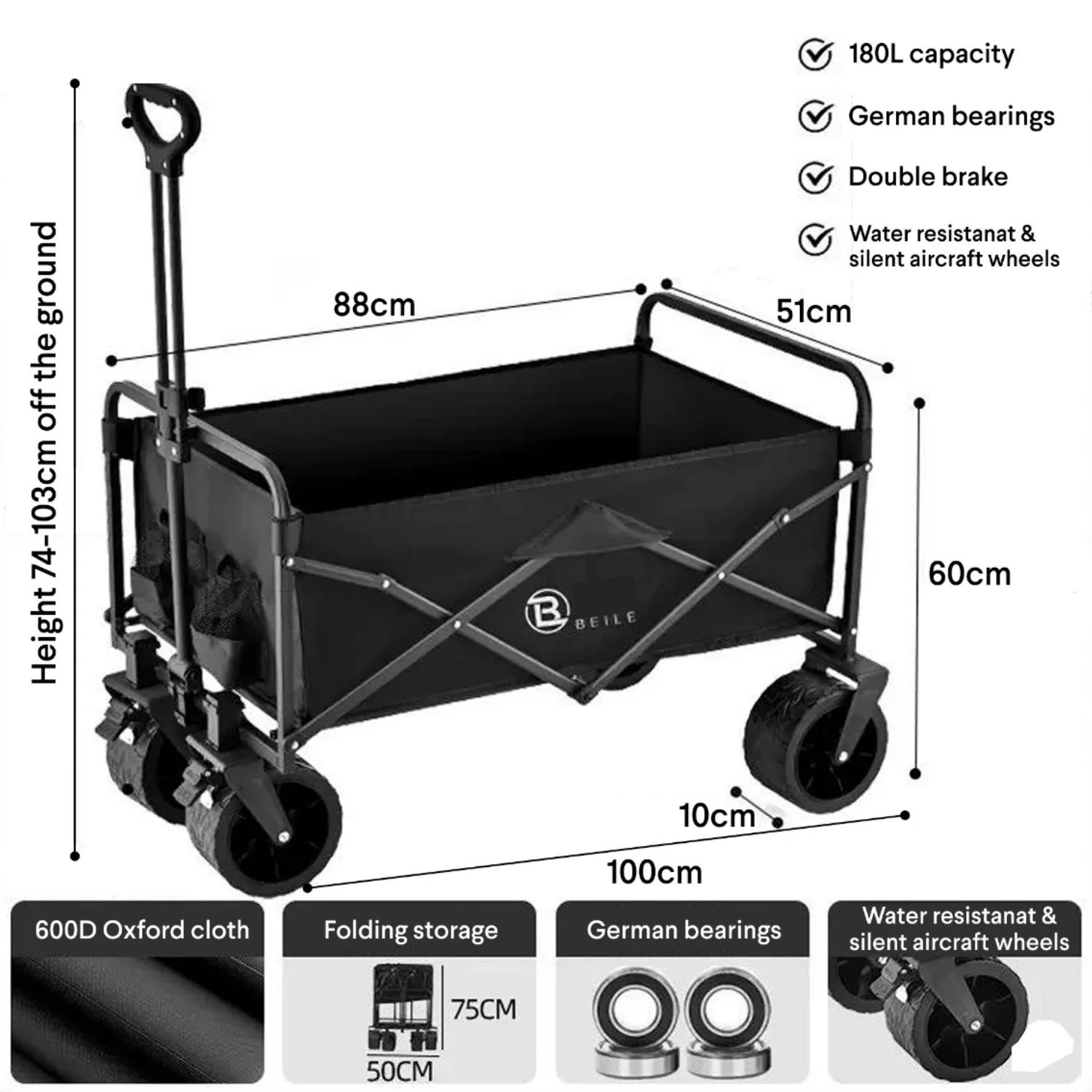 150Kg Load Capacity Heavy Duty Folding Outdoor Camping and Picnic Wagon Trolley