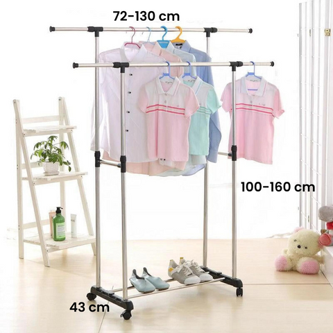 Stainless Steel Double Rails 2x Telescopic Clothes Rack with Wheels