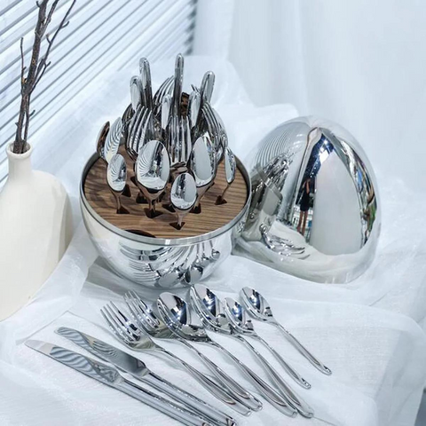 24 Pcs Premium Cutlery Set - Mirror Polished Stainless Steel Egg Shaped Cutlery