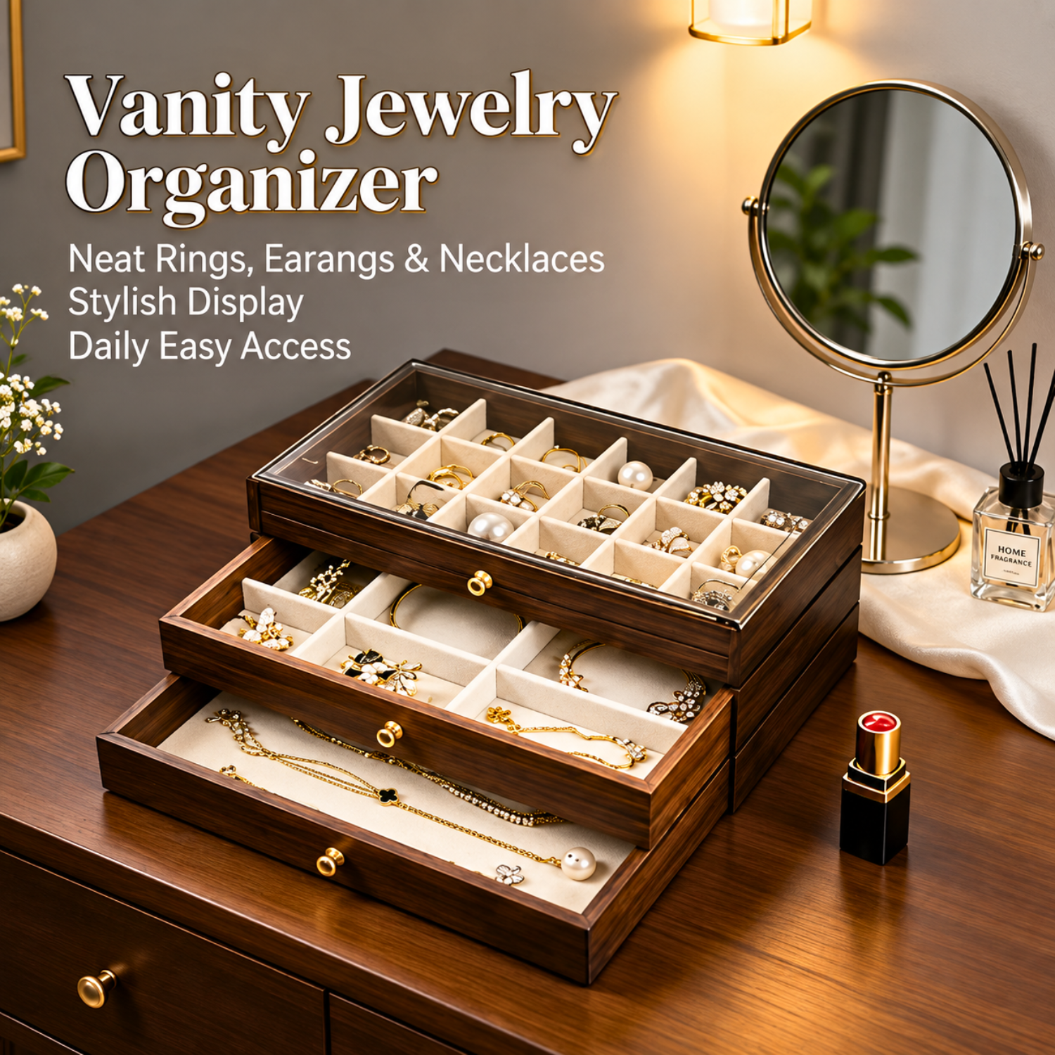 Three Layer Wooden Design Jewelry Organizer Drawer Box