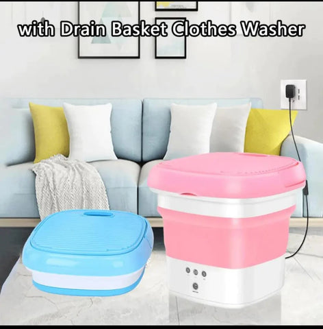 Featuring a portable washing machine in folded and non folded condition