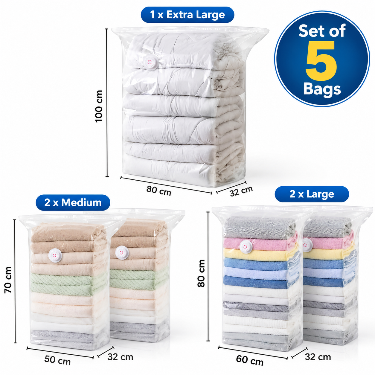 Three Dimensional Non Pumping Vacuum Bags for Clothes Compression Storage, Set of 5 Bags