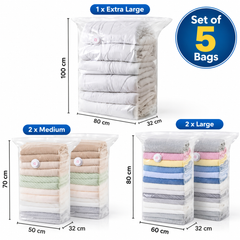 Three Dimensional Non Pumping Vacuum Bags for Clothes Compression Storage, Set of 5 Bags